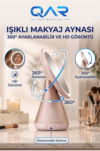 Şarjlı Yuvarlak Led Makyaj Aynası Dokunmatik 3 Renk Işıklı 360 Ayarlanabilir Masa Aynası Çok Renkli