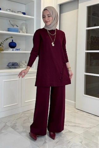 Rabia Şamlı Feryal Pantolonlu Triko Takım Bordo Normal