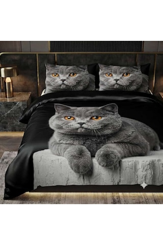 Özel Tasarım Marka Çift Kişilik Nevresim Takımı Organik Saten & Pamuk Luxury Premium Kumaş 240 260 Cm Ranforce Kedi Siyam İran Gri Açık Gri