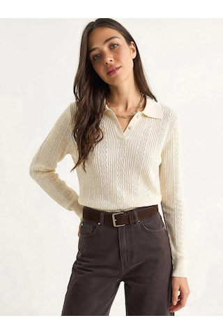 Shade Kadın Polo Yaka Patlı Regular Fit Triko Kazak 20258063 - Krem