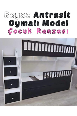 Beyaz Antrasit Oymalı Model Çocuk Ranzası