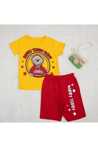 Momikon Erkek Çocuk Happy Teddy Boys Yazılı Pamuklu Takım Sarı