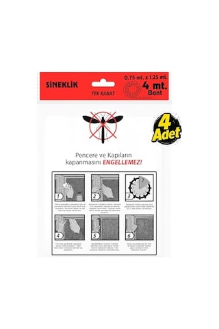 Tek Kanat Pratik Sineklik, 0.75 M X 1.25 M Tül, Kapı & Pencere Uyumlu, 4 M Yapıştırma Bantlı 4 Adet