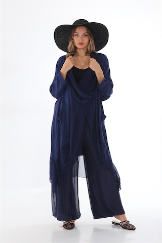 Bohem Stil Italyan Ipek Detaylı Oversize Kap Bluz- Wes Pantolon Takım-8789 Lacivert