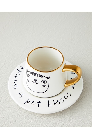 English Home Cute Cat New Bone China 2 Parça 1 Kişilik Kahve Fincan Takımı 90 Ml Siyah-gold Siyah-Gold