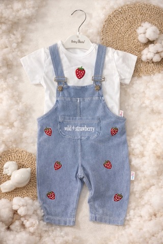 Aslin Store Çilek İşlemeli Cep Detaylı Kısa Kollu Kız Bebek Salopetli 2 Li Takım Beyaz Beyaz