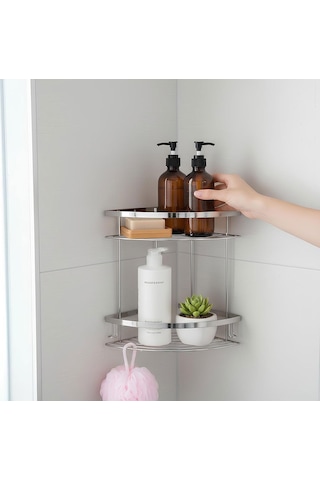 İki Katlı Krom Şampuanlık 18x18 Cm Paslanmaz Banyo Rafı Duş İçi Köşe Düzenleyici Organizer Diğer