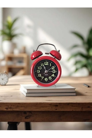 Metal Süper Yüksek Sesli Alarm Saati, Işıklı, Fosforlu, Gece Görünen Kadranlar, Sessiz Saniyeli Kırmızı