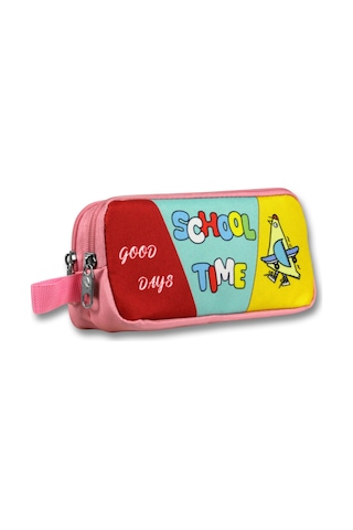 Cennec İki Bölmeli School Time Baskılı Pembe - Yeşil Kız Çocuk Kalem Çantası - 6071 Pembe - Sarı
