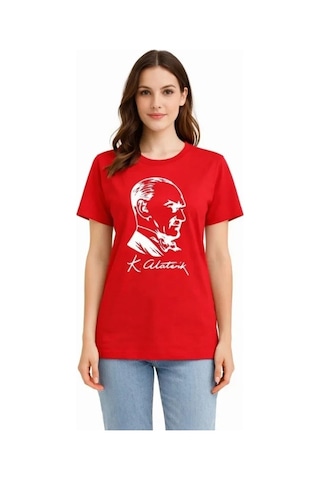 Defymoda Atatürk Baskılı Tişört Kısa Kollu Bisiklet Yaka T-shirt - Kırmızı