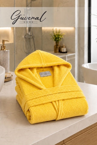 Vibe Kapüşonlu Pamuklu Unisex Bornoz Genç Bornozu Erkek Havlu Bornoz Kadın Havlu Bornoz Sabahlık - 1 Adet Sarı