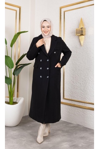 Hb Harma Time Butik Kadın Astarlı Düğmeli Cepli Uzun Siyah Kaşe Kaban
