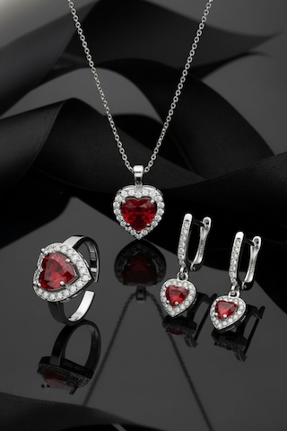 925 Ayar Lal Taşlı Rodyum Pırlanta Işıltılı Kalp 3'lü Gümüş Set-takım Ayarlanabilir Rs10055 Gümüş