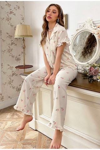 Bella Notte Çiçek Baskılı Fırfırlı Uzun Pijama Takımı Beyaz