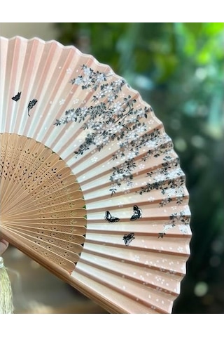Ofisinn Beluga Yelpaze Bambu Kumaş Serinletici Vintage Şık Dekorasyon Püsküllü Japon Yelpaze Somon By-1000