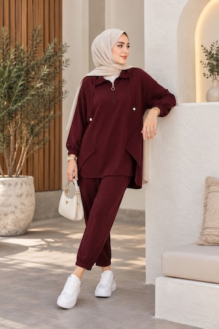 Unika Boutique Kadın Yarım Fermuar Detay İkili Salaş Takım Bordo