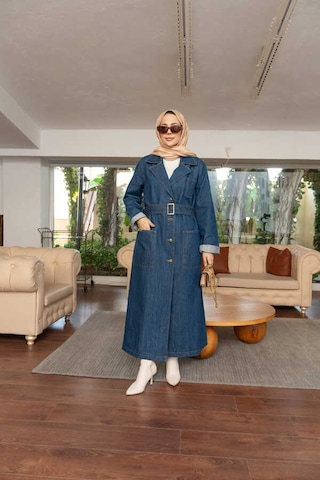 Neways 6655-kuşaklı Denim Ceket Koyu Mavi Koyu Mavi
