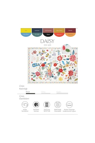 Cool Halı Daisy Beyaz Renkli Bohem Halı Yıkanabilen Çiçekli Dokuma Şönil Halı Vintage Ev Oda Halısı