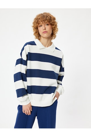 Koton Polo Yaka Sweatshirt Oversize Renk Bloklu Uzun Kollu Lacivert Çizgili 5wal10107ık Lacivert