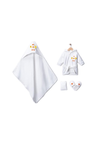 0 1 Yaş Bebek Bornoz Seti %100 Pamuk Civciv Figürlü 4 Parça Bornoz + Havlu + Terlik + Kese Bej