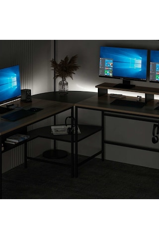 Minar Greta Rgb Led Işıklı L Köşe Çalışma Masası Dore Siyah