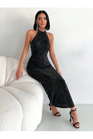 Simli Buzi Elbise Siyah