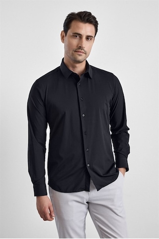 Süvari Siyah Slim Klasik Yaka Düz Casual Gömlek Gm1008400364-s09