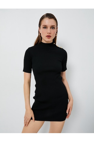 Koton Mini Triko Elbise Fitilli Kısa Kollu Dik Yaka Siyah 4wak80013ht 4WAK80013HT999