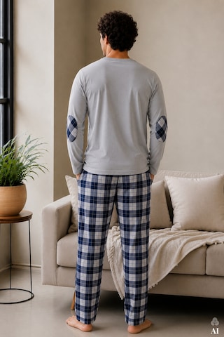 Koza İç Giyim Erkek Pamuklu Uzun Kollu Yamalı Ekose Desenli Pijama Takımı Ko60104 Mavi - Gri