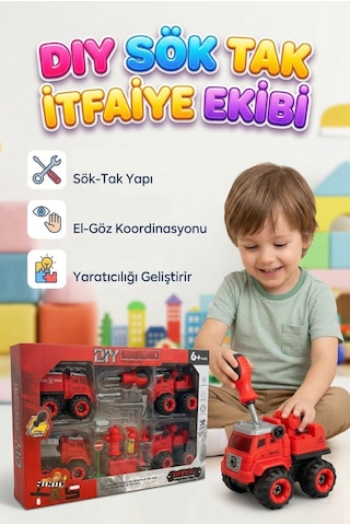 Dıy Sök-tak 4'lü İtfaiye Kamyonlu 6'lı Aksesuarlı 4'lü Ekipmanlı Eğitici Oyuncak Araba Seti Kırmızı