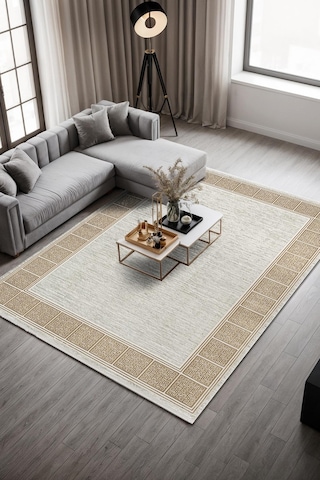 Talis Ct017a Gri Halı Gold Kenar Çerçeveli Modern Parlak Yumuşak Kadife Salon Mutfak Halısı Krem