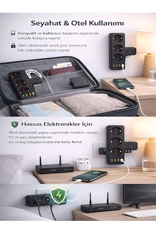 Ftro12 Kablosuz Termal Akım Korumalı 3'lü Priz 3'usb 1'type-c 20w