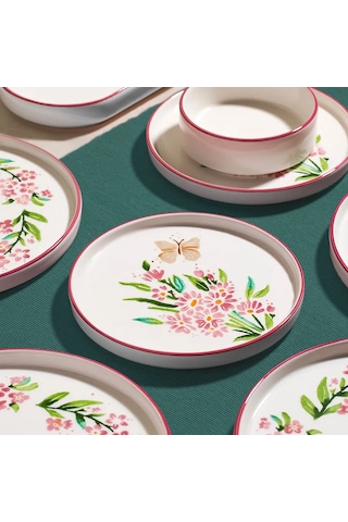 Nehir Pink Butterfly 6 Kişilik 13 Parça Seramik Kahvaltı Takımı Beyaz - Pembe