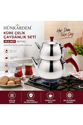 Aile Büyük Boy Küre Çelik Çaydanlık Seti Üst: 1.2lt - Alt: 2lt 5523