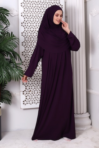 Tek Parça Pratik Başörtülü Robalı Namaz Elbisesi 8015 Mürdüm