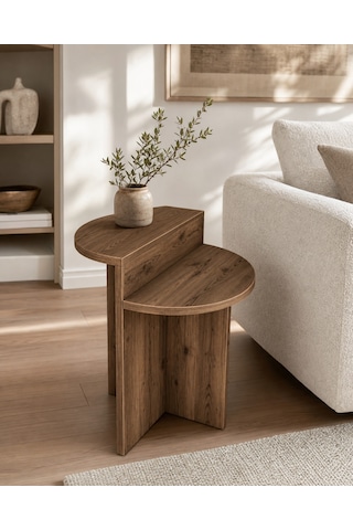 Luna Yan Sehpa Oval Hatlı Ahşap