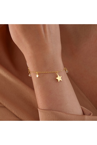 Queen Silver Jewelry 925 Ayar Gümüş Yıldız Objeli Zirkon Taş Sallantılı Bileklik Altın