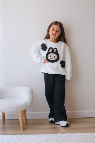 Kız Çocuk 3 İplik Şardonlu Peluş Baskı Detaylı Sweatshirt - Eşofman Alt Üst Takım Siyah Beyaz