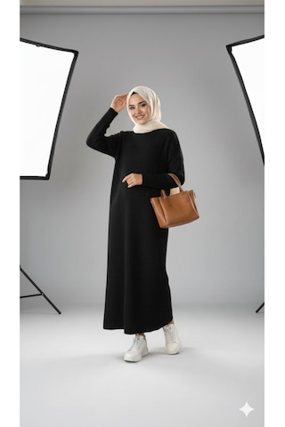 Sonbaharmoda Kadın Uzun Triko Elbise %100 Akrilik Bisiklet Yaka Rahat Ve Şık Kışlık Model Siyah