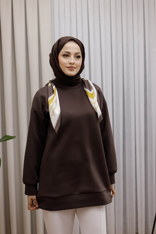 Moonsc Kadın Regular Fit Pamuklu Yaka Fularlı Bisiklet Yaka Kahverengi Tunik