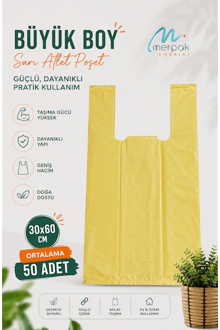 Kalın Sarı Poşet Büyük Boy 1 Kg 30x60 Cm Market Manav Poşeti Çöp Poşeti Hışır Atlet Poşet