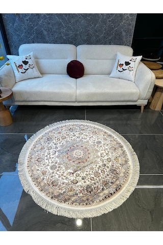 Orfe İpek Tuşeli Halı Salon Halısı, Oturma Odası Halısı, Antre Giriş Halısı Yuvarlak Bej