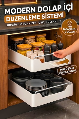 Çok Amaçlı Raylı Dolap İçi Çekmece Organizer Sürgülü Mutfak Banyo Kiler Düzenleyici Organizer 1 Adet Beyaz