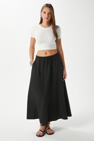 Kadın Seaside Siyah Astarlı Bel Lastikli Cepli Dokuma Uzun Etek Siyah