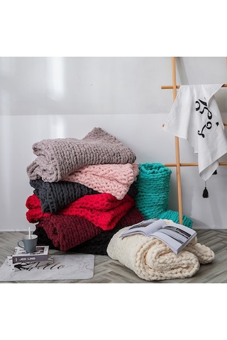 Sones El Yapımı Kalın Yün Örgü Battaniye Kanepe Şönil Çubuk Örgü Battaniye, Boyut: 80 X 100 Cm Muhallebi