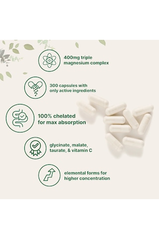 Pure Triple Magnesium Complex Glycine + Malate + Taurate & Vitamin C / 400 Mg 300 Softgels