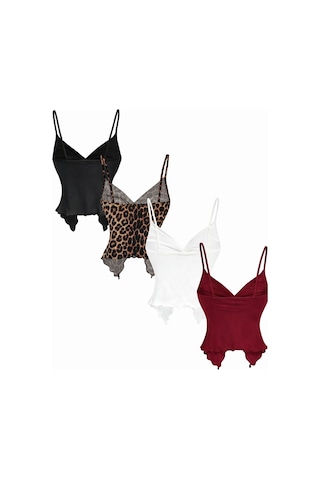 Wild Flower Leoparlı 4lü Set Ön Büküm İnce Askılı Alaçatı Crop Çok Renkli