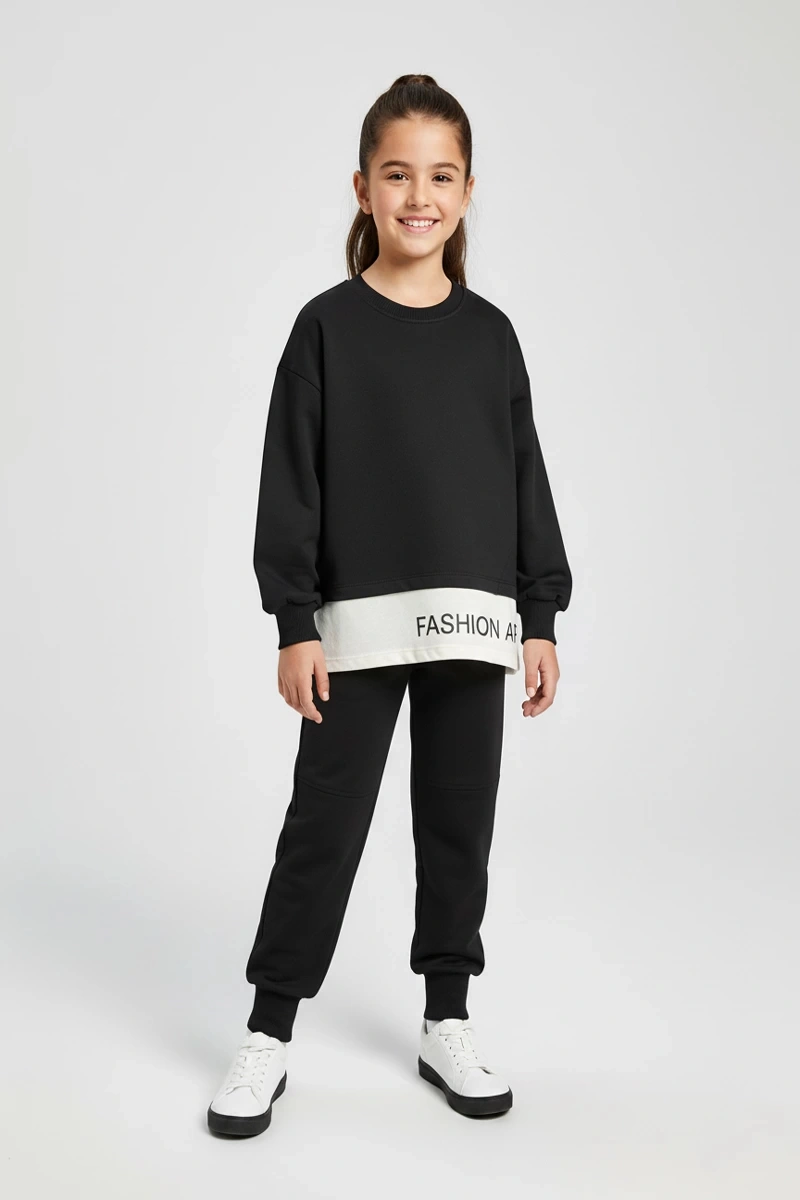 Yazı Detaylı Tarz Siyah Renk Kız Çocuk Takım Siyah