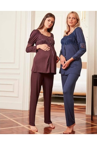Bone Club Birolgaye 4804 Lacivert Hamile Lohusa 3'lü Pijama Sabahlık Tk 001