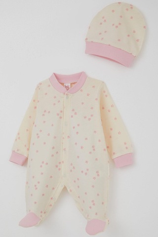 Breeze Kız Bebek Patikli Tulum Çiçek Desenli 0-6 Ay, Krem Krem